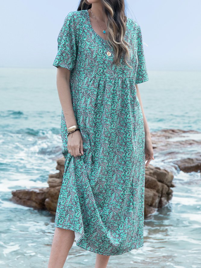 Women Fashion Summer Printed Midi Dress Crew Neck Dresses