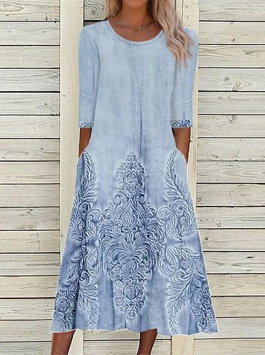Round Neck Ethnic Casual Midi Dress