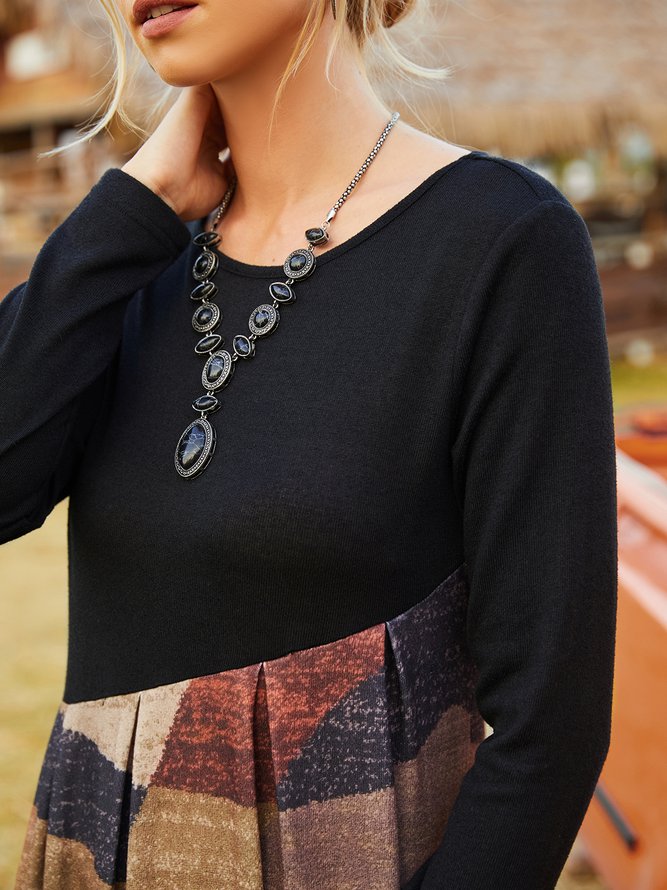 Colorblock Casual Crew Neck Dress