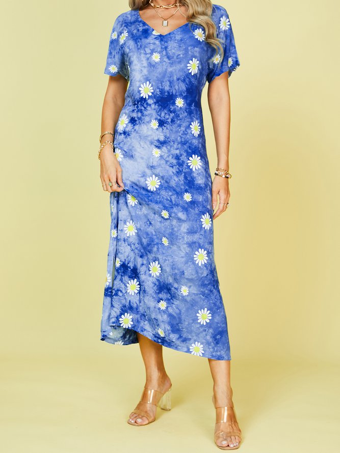 Blue Purple Ombre/tie-Dye Short Sleeve Shift Crew Neck Knitting Dress