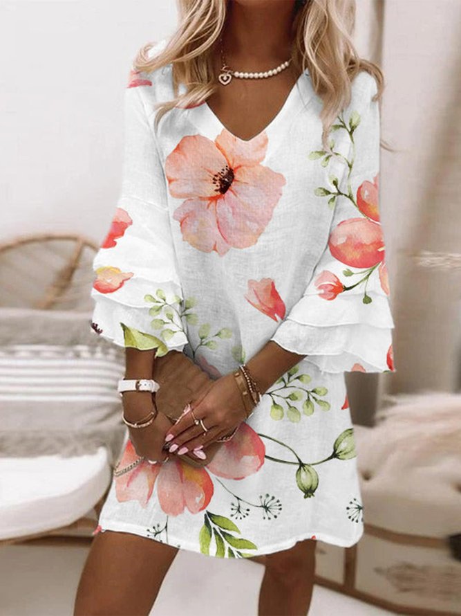 V Neck Floral Casual Dress