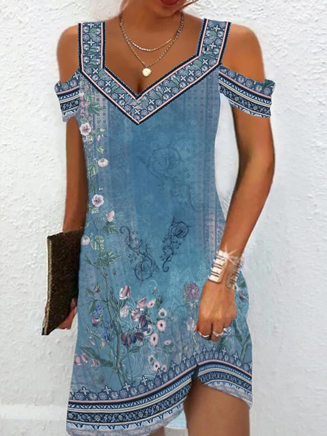 Green Floral V Neck Loose Casual Dress