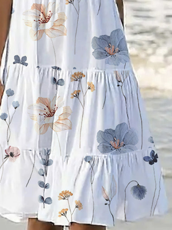 Floral Ruched Scoop Neck Vacation Loose Dress