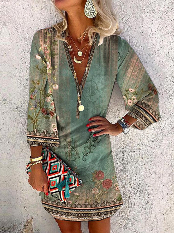 Floral Boho V Neck Loose Dress