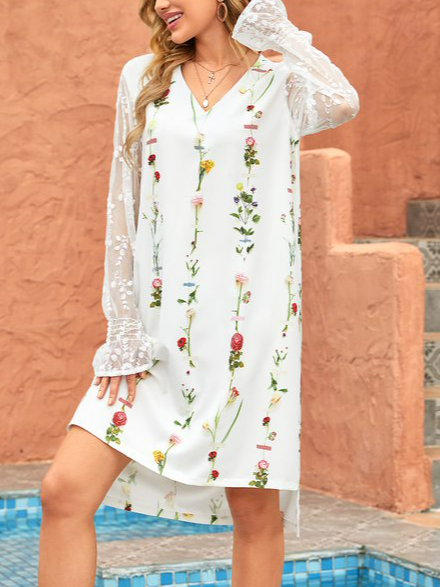 V Neck Floral Cotton Blends Long sleeve women Prom Dress