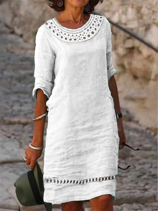 Plain Crew Neck Lace Vacation Linen Dress