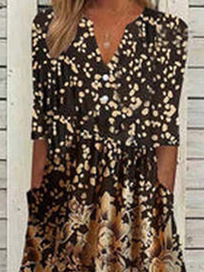 Knitted Notched Floral Casual Dress