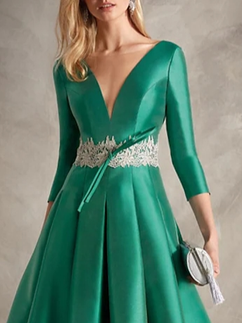 A-Line Mother of the Bride Dress Simple Elegant V Neck Ankle Length Satin 3/4 Length Sleeve with Sash / Ribbon Pleats 2023