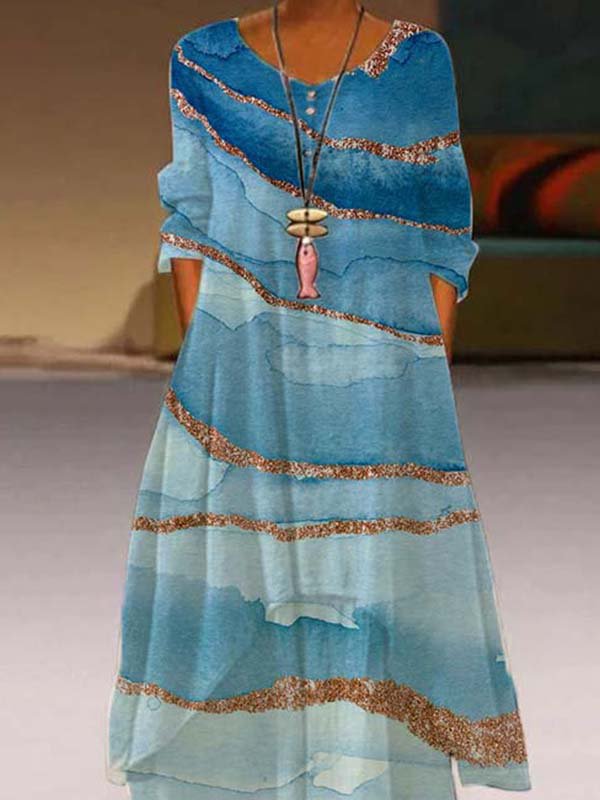 3/4 Sleeve Cotton-Blend Printed Casual Weaving Dress