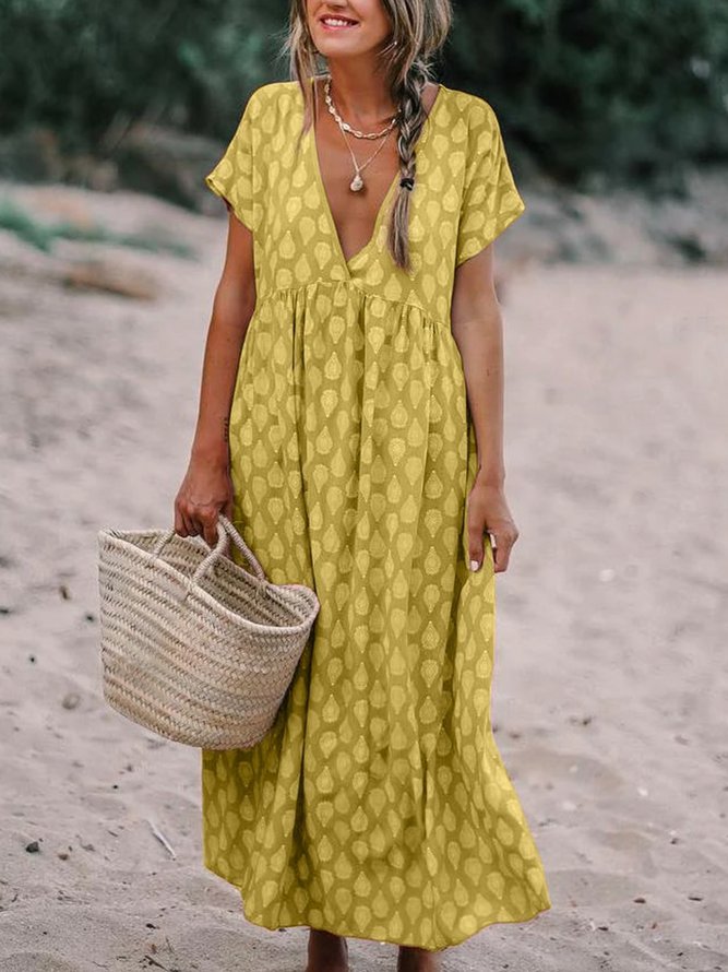 Printed V Neck Shift Casual Floral Maxi Weaving Dress