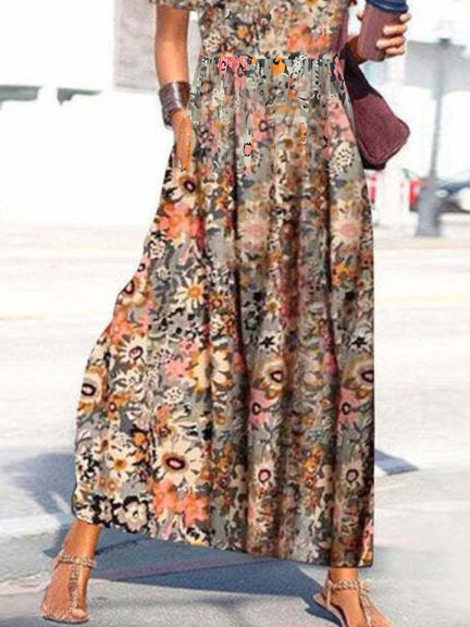 V Neck Floral Casual Midi Dresses