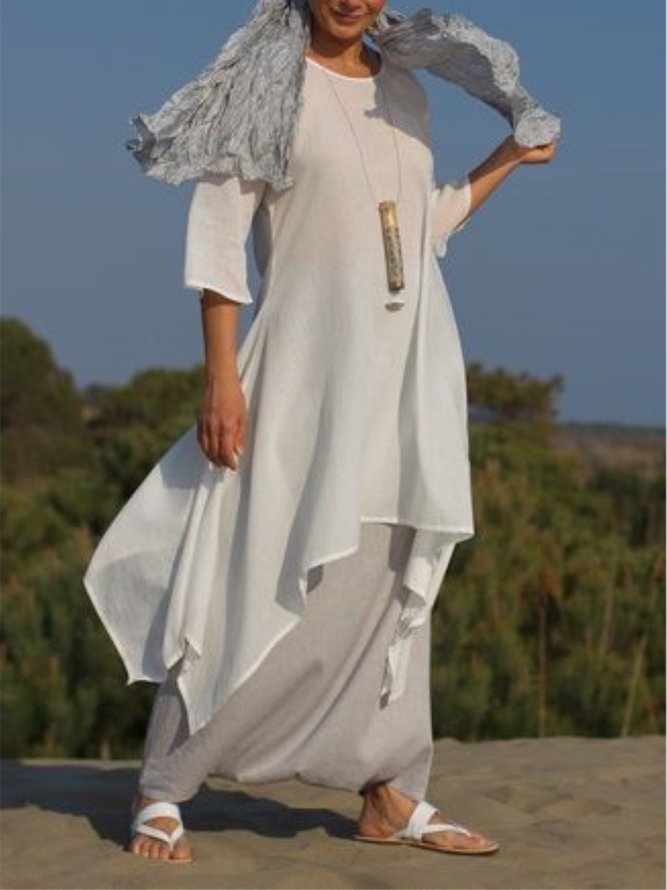 Women Summer Linen 3/4 Sleeve Daytime Crew Neck Asymmetric Dress