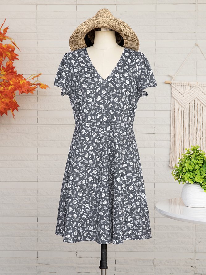 V Neck Floral Short Sleeve Casual Mini Dress