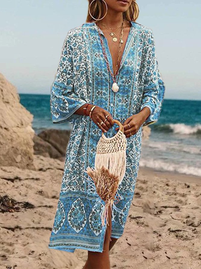 V Neck Women Summer Weaving Dress Shift Floral-Print Floral Weaving Dress