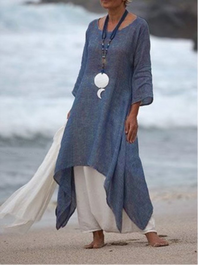 Women Summer Linen 3/4 Sleeve Daytime Crew Neck Asymmetric Dress