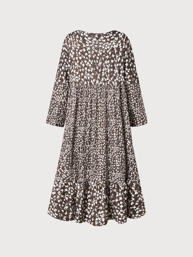 Brown Three Quarter V Neck Floral Shining Midi Smock Dress