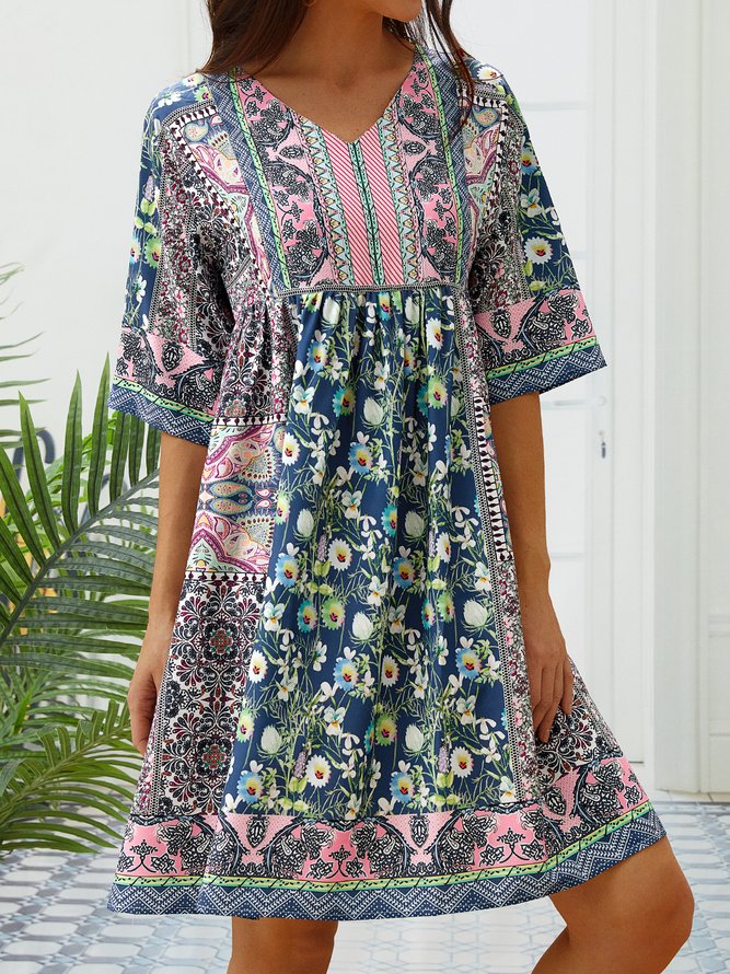 Half Sleeve Casual Cotton-Blend V Neck Weaving Dress