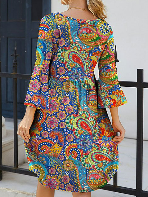 Women's Smock Dress Paisley Midi Dress Round Neck Flare Sleeve Casual Midi Smock Dress