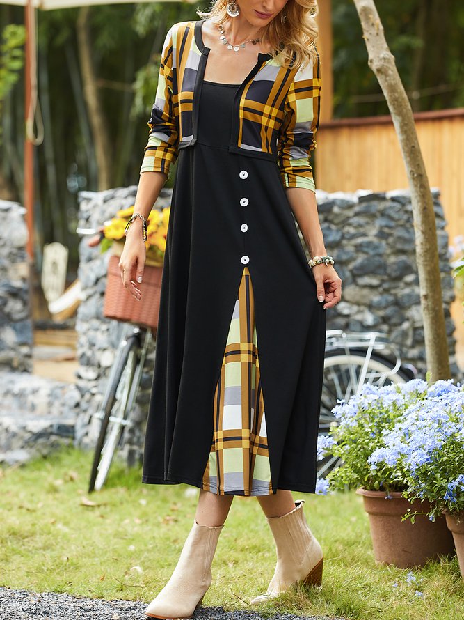 Color Block Tunic Round Neckline Fake Two Piece Midi A-line Dress