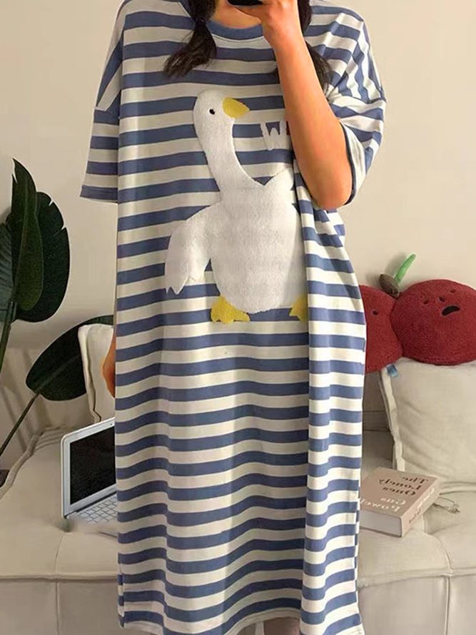 Breathable Comfortable Blue&White Striped Animal Pattern Loose Nightdress