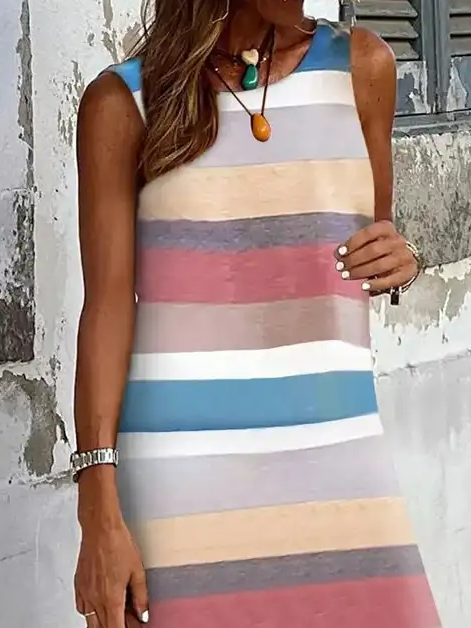 Casual Loose Crew Neck Striped Dress