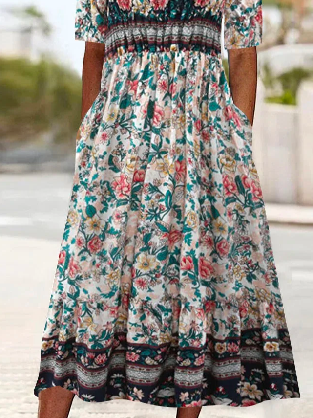 Casual Crew Neck Loose Floral Dress