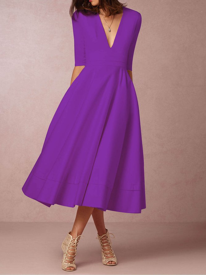 Women Deep V Neck 3/4 Sleeve Paneled Solid Elegant Swing Prom Dress