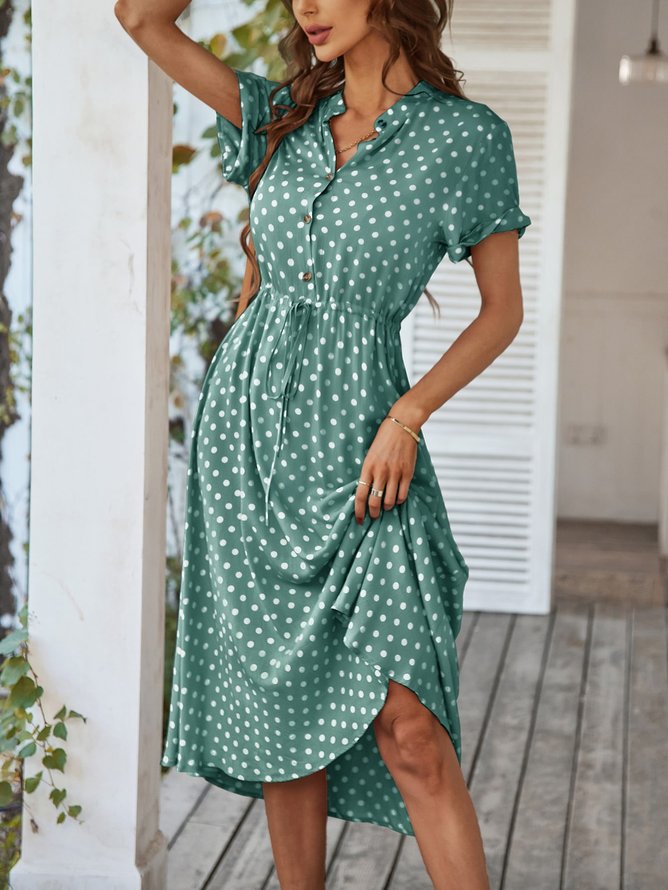 Loose Casual Stand Collar Polka Dots Dress