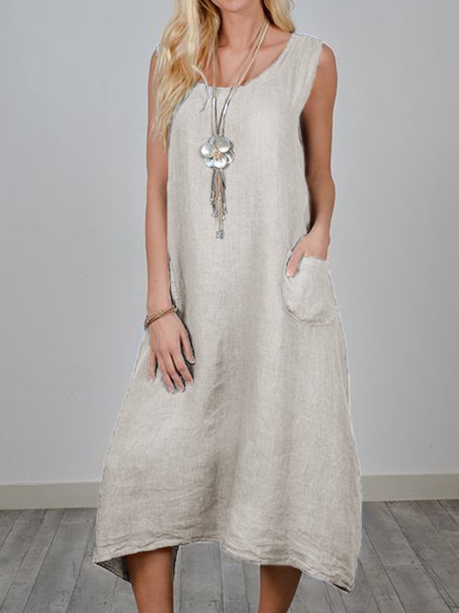 Women Summer Sleeveless Midi Weaving Dress Crew Neck A-Line Daily Cotton Plain Weaving Dress