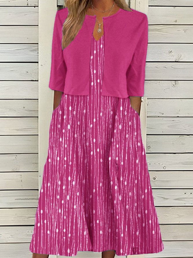 Trendy Polka Dot Print Two-Piece Set V Neck Dress with Cardigan