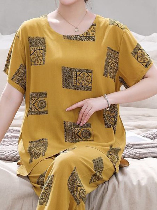 Breathable Cozy Floral Print Cotton Linen Pajama Set