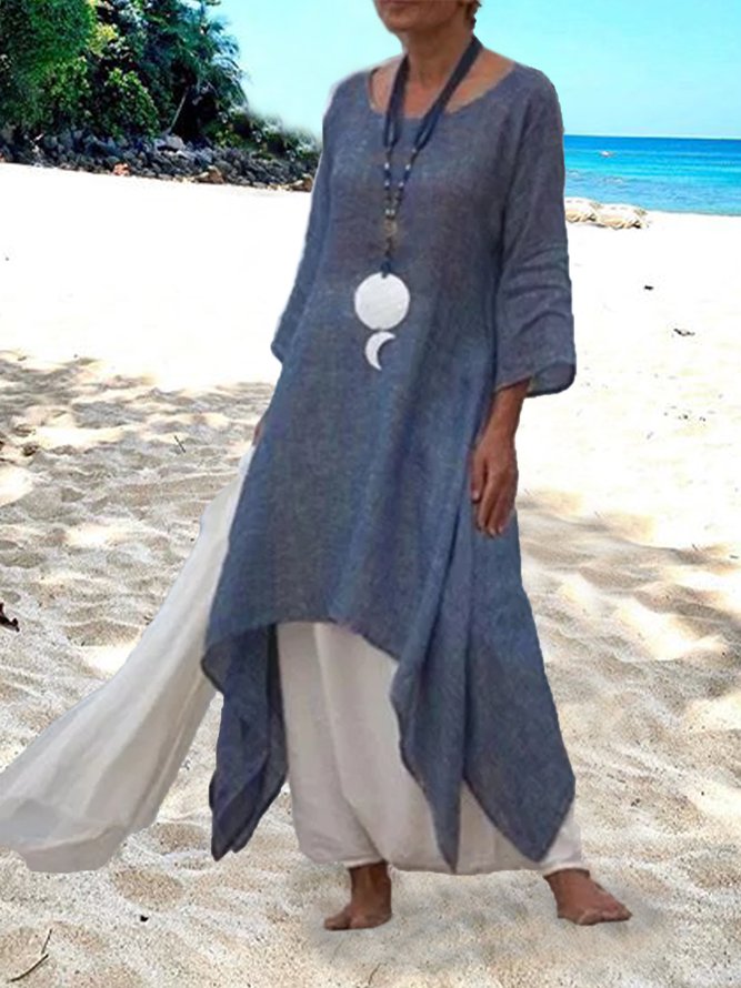 Women Summer Linen 3/4 Sleeve Daytime Crew Neck Asymmetric Dress