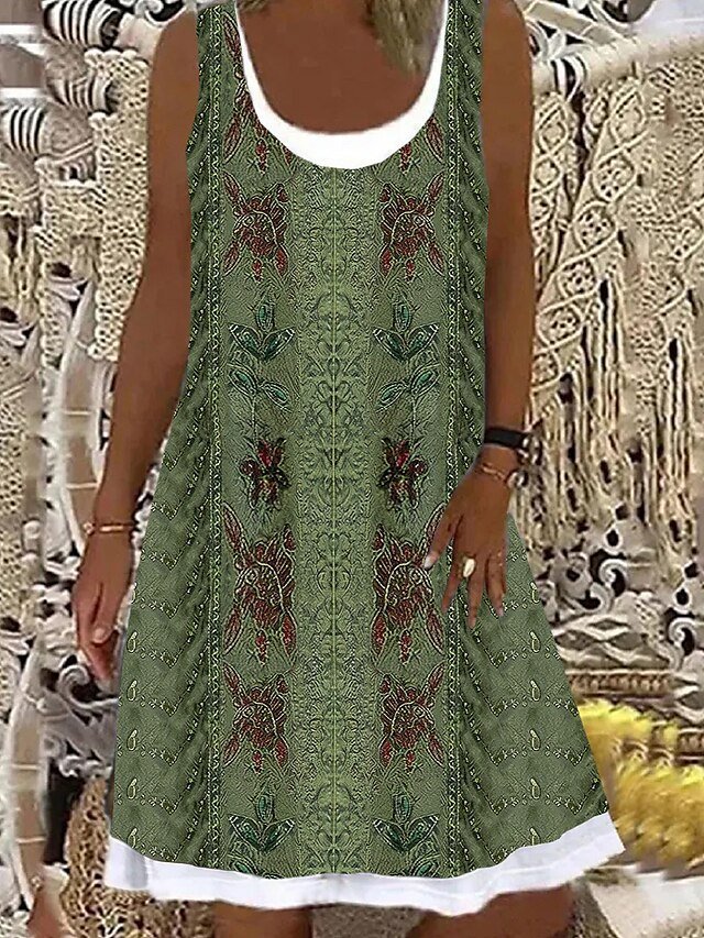 Ethnic Crew Neck Vintage Dress