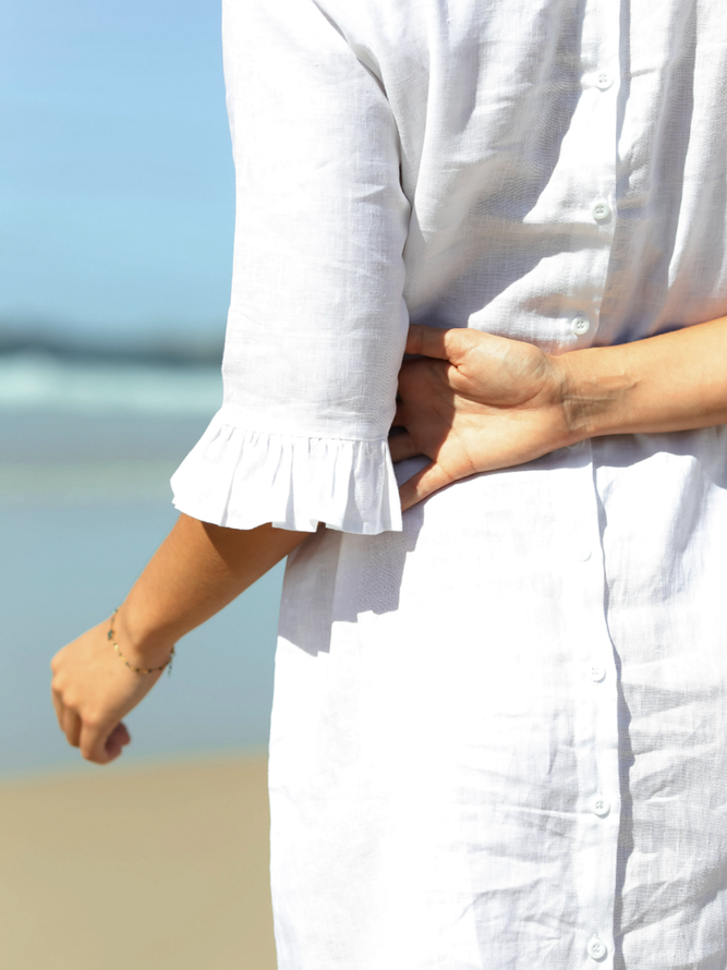 Cotton And Linen Buttoned Linen Plain Dress