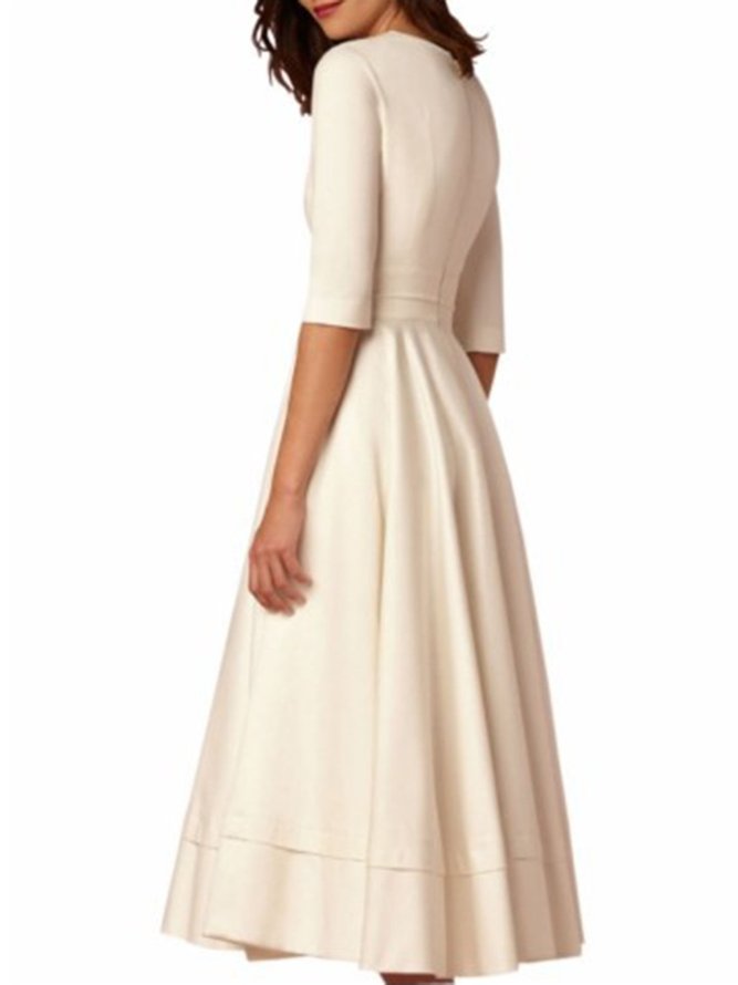 Women Deep V Neck 3/4 Sleeve Paneled Solid Elegant Swing Prom Dress