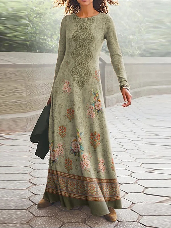 Loose Crew Neck Casual Floral Dress