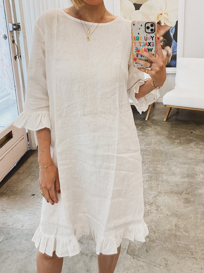 Cotton And Linen Buttoned Linen Plain Dress