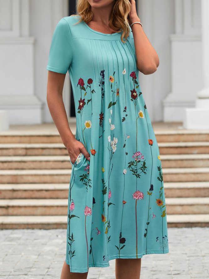 Floral Tunic Round Neckline Midi A-line Dress