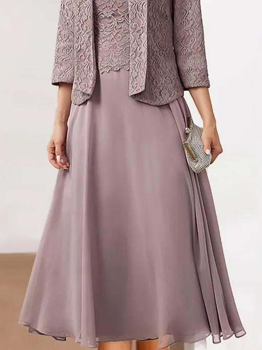 Women's Dress Set Two Piece Dress Midi Dress Dusty Pink 3/4 Length Sleeve Embroidery Embroidered Layered Ruched Fall Winter Crew Neck Modern Mature