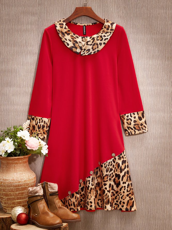 Christmas Urban Color Block Leopard Shawl Collar Loose Midi Dress