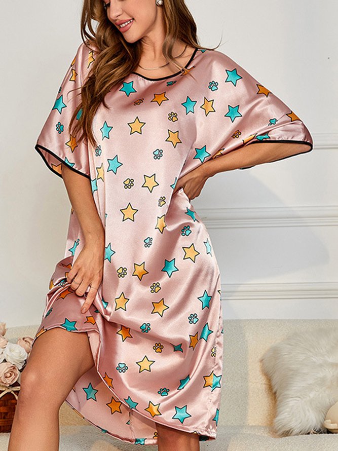 Simple Loose Silk Star Print Nightdress