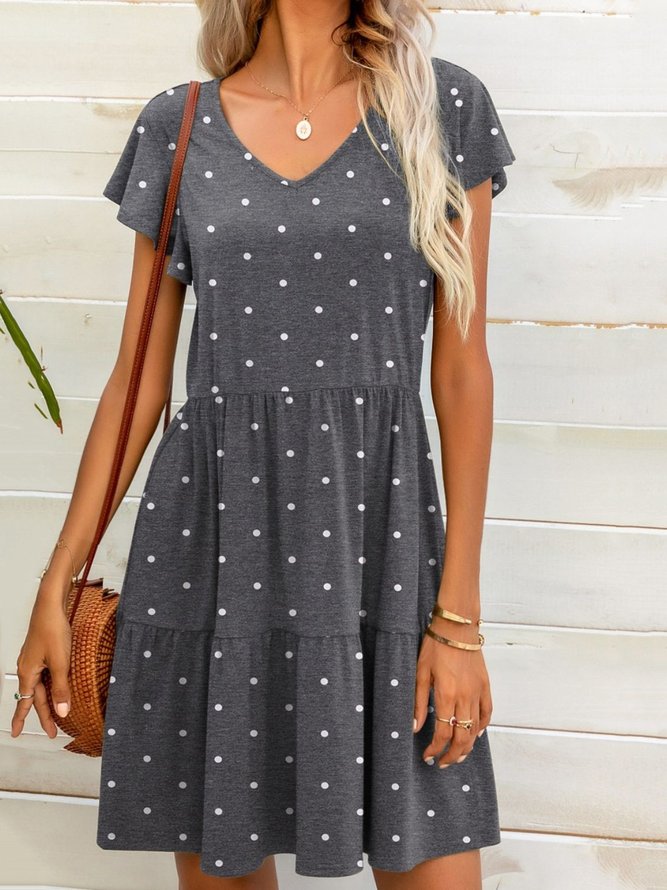 Polka Dots Flouncing V Neck Casual Dress