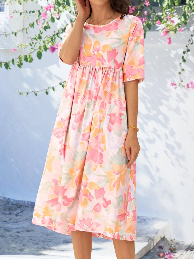 Loose Floral Crew Neck Casual Dress