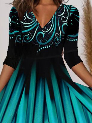 V Neck Geometric Regular Fit Dress