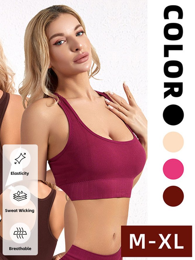 Casual Crew Neck Plain Sports Bra