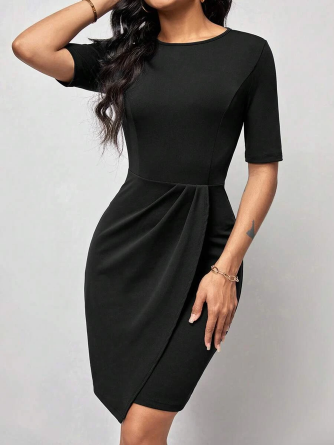 Crew Neck Loose Elegant Black Half Sleeve Sheath Solid Tulip Hem Fitted Dress