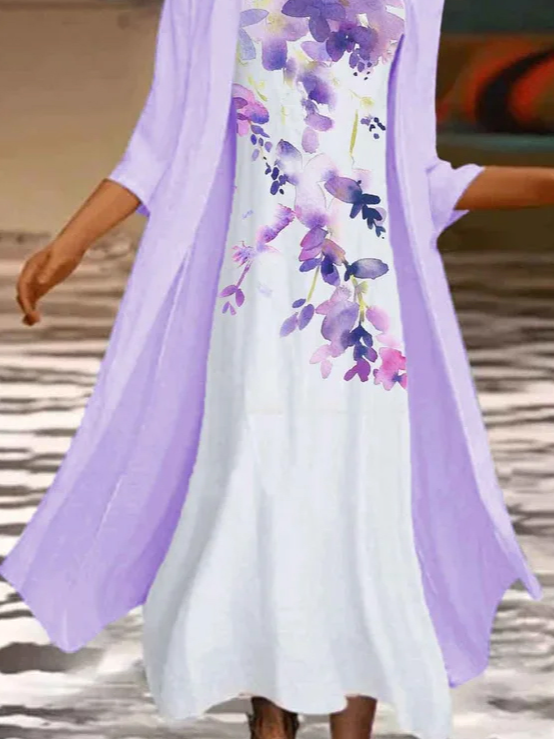 Round Neck Floral Casual Dress & Cardigan