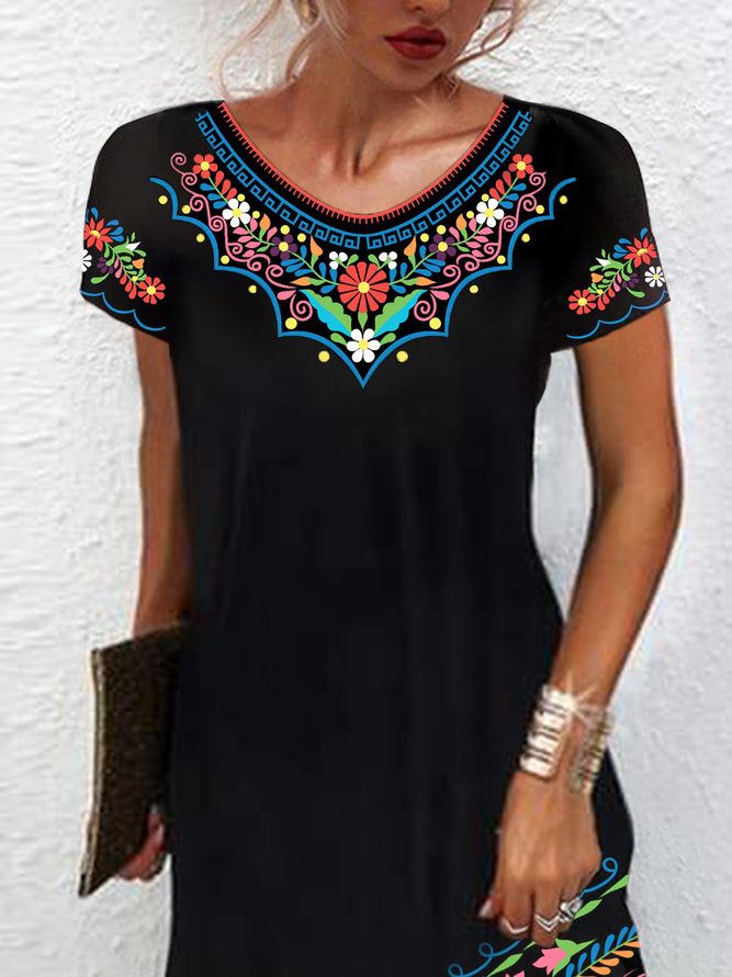 Women's Mexican Dress Midi Dress Black Half Sleeve Summer Crew Neck Tribal Casual