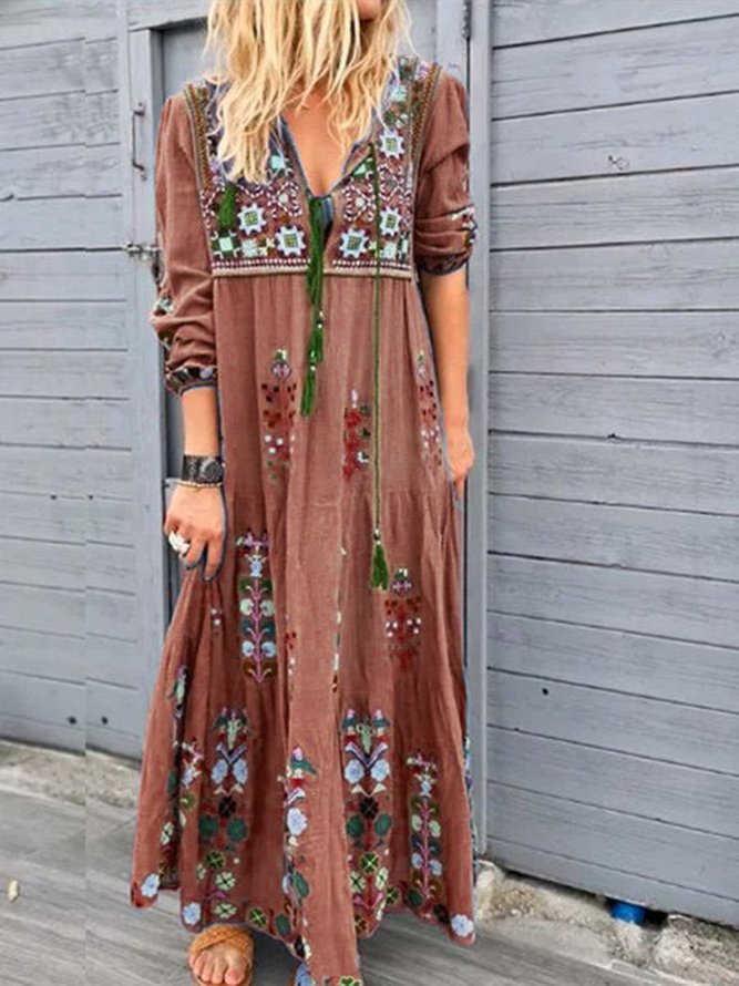 Women Casual Patchwork Cotton-Blend V Neck Maxi Dresses