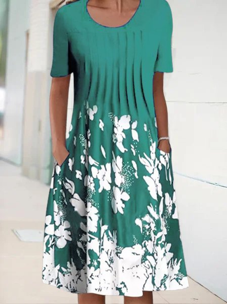 Round Neck Floral Vacation Midi Dress